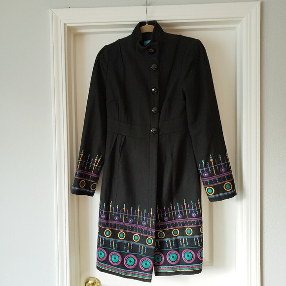 Anthro Tracy Reese Black Embroidered Wool Coat - Picture 2 of 6